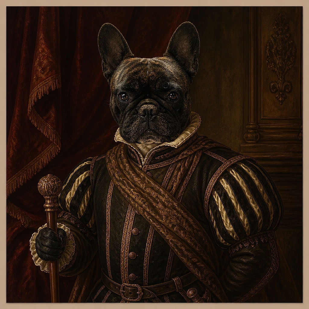 A serious-looking French bulldog stands on a retro tiled floor, staring into the camera like a tiny security guard who has just discovered the suspicious red bathtub in the background. Its oversized ears and deeply unimpressed expression steal the whole show.