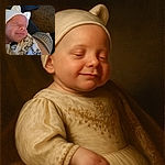 A peaceful newborn baby is sleeping soundly, wearing a cute white hat with little ears and a cozy outfit with sheep patterns, nestled comfortably in someone's arms against a soft, dark background.