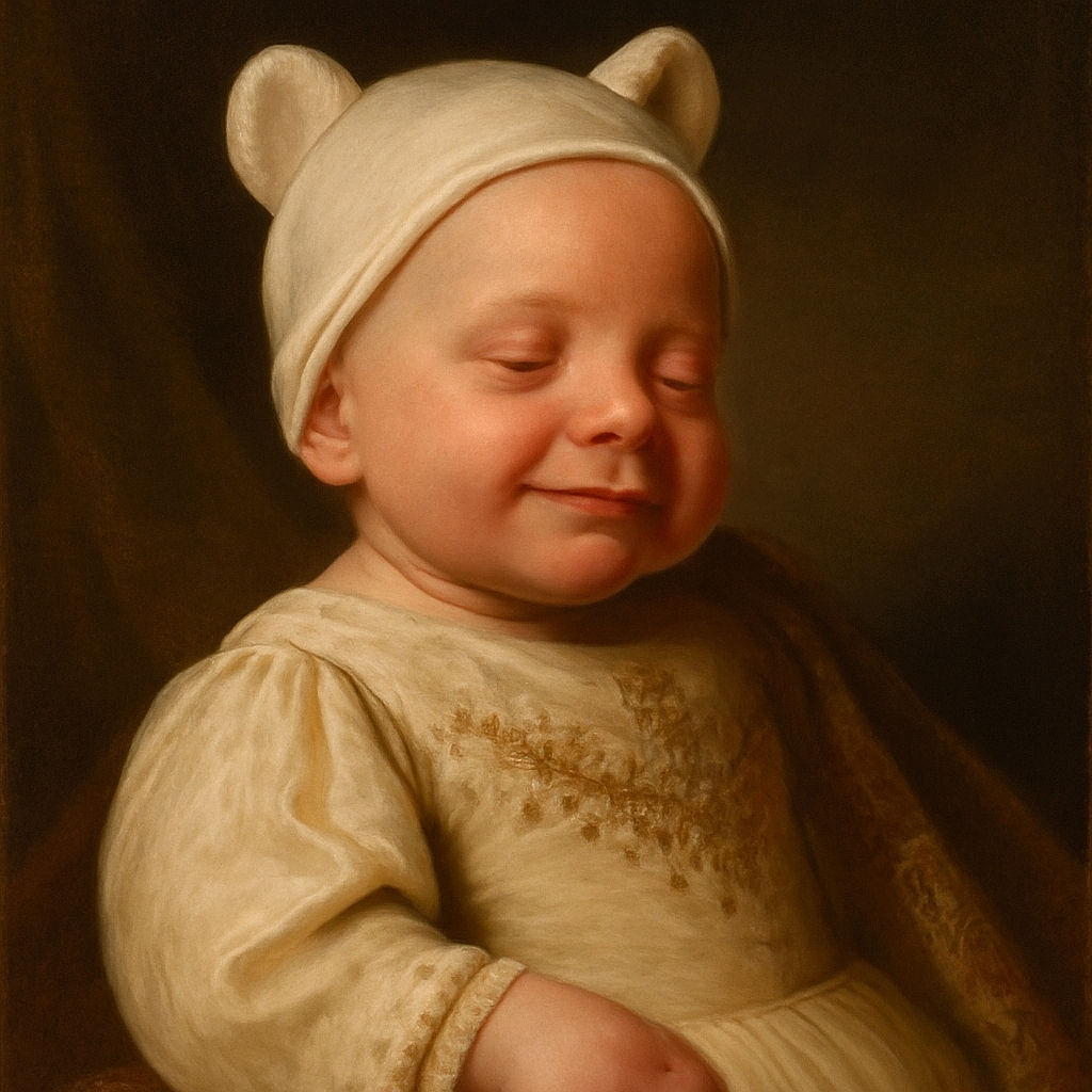 A peaceful newborn baby is sleeping soundly, wearing a cute white hat with little ears and a cozy outfit with sheep patterns, nestled comfortably in someone's arms against a soft, dark background.