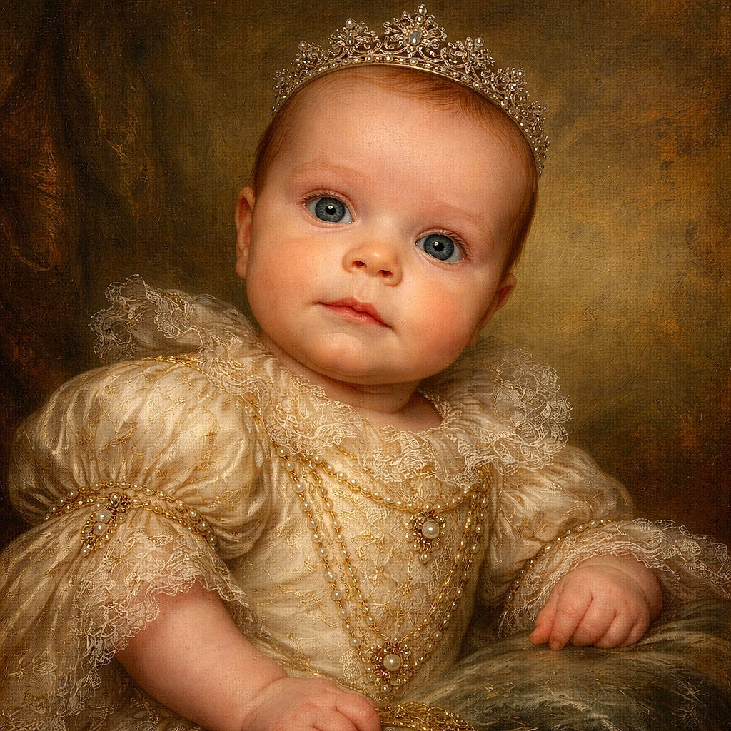 A wide-eyed newborn stares into the camera like it's just been told a very important secret, bundled in a camper-themed onesie and sprawled on a polka-dot blanket — pure tiny human seriousness with a side of adorable chubby cheeks.