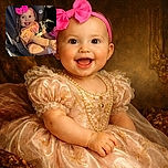 A joyful baby with a bright pink bow headband beams widely while strapped safely into a car seat, basking in warm sunlight that highlights the cheerful orange shirt and playful mood.