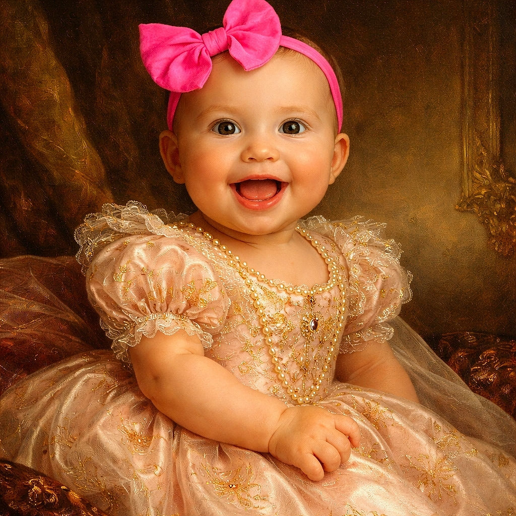 A joyful baby with a bright pink bow headband beams widely while strapped safely into a car seat, basking in warm sunlight that highlights the cheerful orange shirt and playful mood.