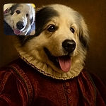 A close-up shot of a fluffy dog with a big black nose and tongue playfully sticking out, looking happy and curious with soft natural indoor lighting and a cozy background.