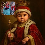 A cute baby dressed as Santa Claus sits comfortably on a blue blanket-covered chair next to a festive Christmas tree and a large Santa Claus decoration, with warm holiday lights creating a cozy atmosphere. The photo includes a small text overlay saying 'mercredi 18:50' with hearts, adding a sweet timestamp to the moment.