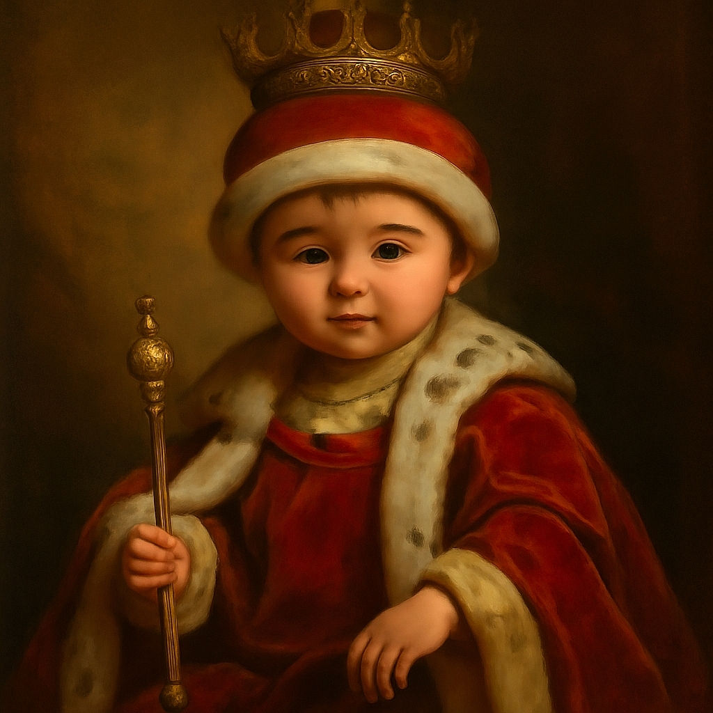 A cute baby dressed as Santa Claus sits comfortably on a blue blanket-covered chair next to a festive Christmas tree and a large Santa Claus decoration, with warm holiday lights creating a cozy atmosphere. The photo includes a small text overlay saying 'mercredi 18:50' with hearts, adding a sweet timestamp to the moment.