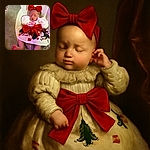 A tiny newborn baby dressed in festive Christmas attire, complete with a big red bow on the head and a matching bow on the dress, is peacefully sleeping in a cozy cushioned baby seat. The outfit is adorned with holiday-themed prints like Christmas trees and presents, making the scene adorable and heartwarming.