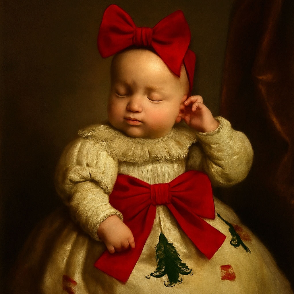 A tiny newborn baby dressed in festive Christmas attire, complete with a big red bow on the head and a matching bow on the dress, is peacefully sleeping in a cozy cushioned baby seat. The outfit is adorned with holiday-themed prints like Christmas trees and presents, making the scene adorable and heartwarming.