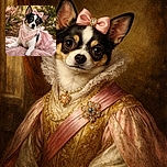 A charming little dog dressed to impress in a pink frilly dress and matching bow, lounging gracefully on a soft pink blanket with a serene garden backdrop. The pup's big eyes and tilted head add an extra dose of adorable, making it look like a tiny royal posing for a fashion magazine cover.