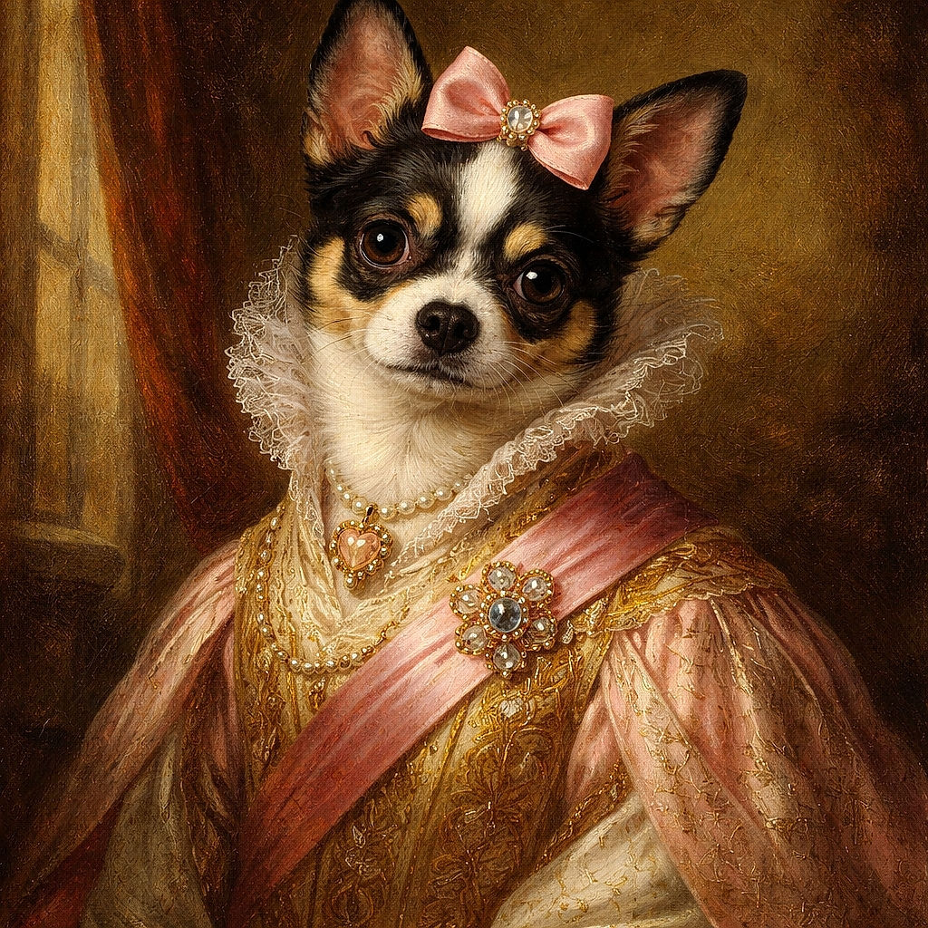 A charming little dog dressed to impress in a pink frilly dress and matching bow, lounging gracefully on a soft pink blanket with a serene garden backdrop. The pup's big eyes and tilted head add an extra dose of adorable, making it look like a tiny royal posing for a fashion magazine cover.