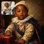 A charming baby wearing a beige beanie and a beige 'True Religion' t-shirt sits on a medical exam table, holding onto a white paper sheet with one hand while looking curiously at the camera. The background is a muted clinic setting with medical equipment cords hanging on the wall.