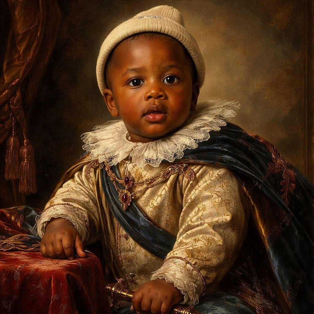 A charming baby wearing a beige beanie and a beige 'True Religion' t-shirt sits on a medical exam table, holding onto a white paper sheet with one hand while looking curiously at the camera. The background is a muted clinic setting with medical equipment cords hanging on the wall.