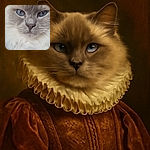 A close-up shot of a fluffy cat with mesmerizing blue eyes and a soft, thick coat, looking directly at the camera with a calm and regal expression. The background is softly blurred, emphasizing the cat's detailed fur and striking gaze.