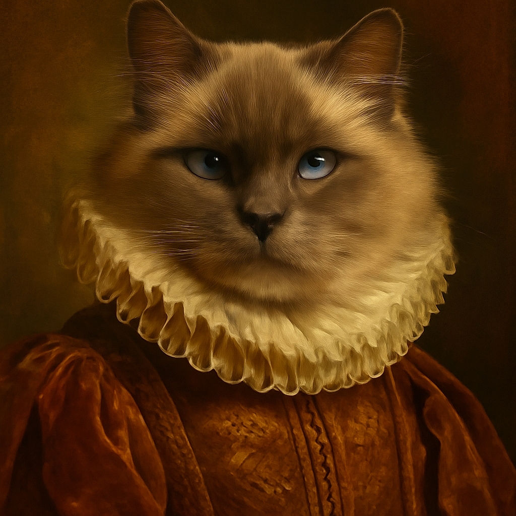 A close-up shot of a fluffy cat with mesmerizing blue eyes and a soft, thick coat, looking directly at the camera with a calm and regal expression. The background is softly blurred, emphasizing the cat's detailed fur and striking gaze.