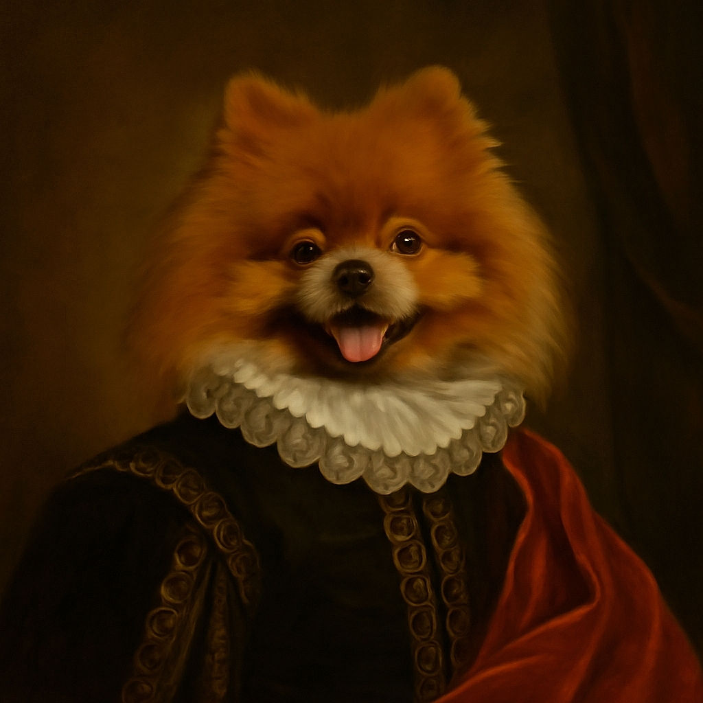 A fluffy Pomeranian dog with a joyful expression and tongue out sits on a wooden floor, looking up with bright eyes. A red cloth and a blue object are partially visible in the foreground, adding a splash of color to the cozy indoor setting.