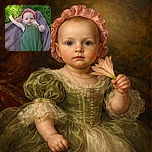 A cute baby lies on a purple blanket spread on green grass, wearing a green striped romper and a pink ruffled bonnet, holding a delicate pink flower with curiosity and innocence.