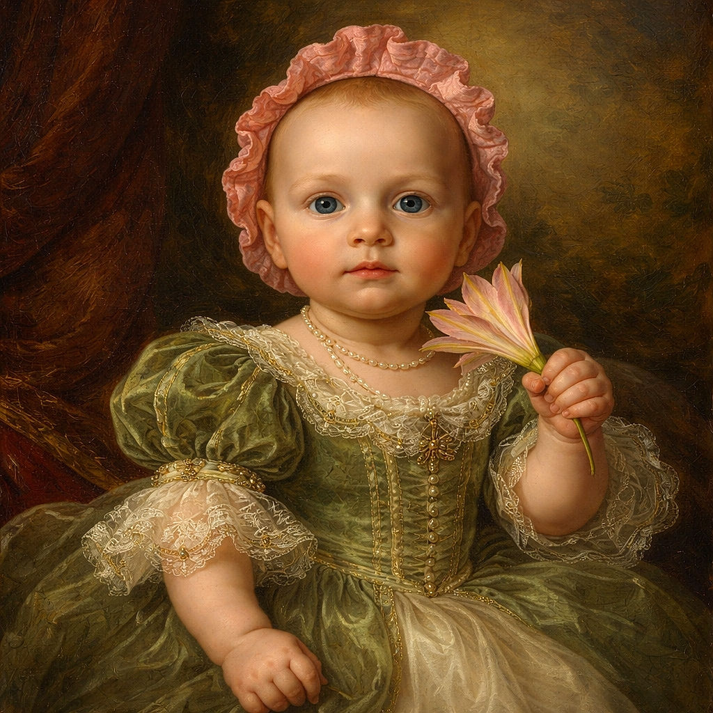 A cute baby lies on a purple blanket spread on green grass, wearing a green striped romper and a pink ruffled bonnet, holding a delicate pink flower with curiosity and innocence.