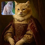 A fluffy cream-colored cat sits majestically on a textured surface outdoors, surrounded by lush greenery and a wooden post, looking slightly unimpressed but regal.