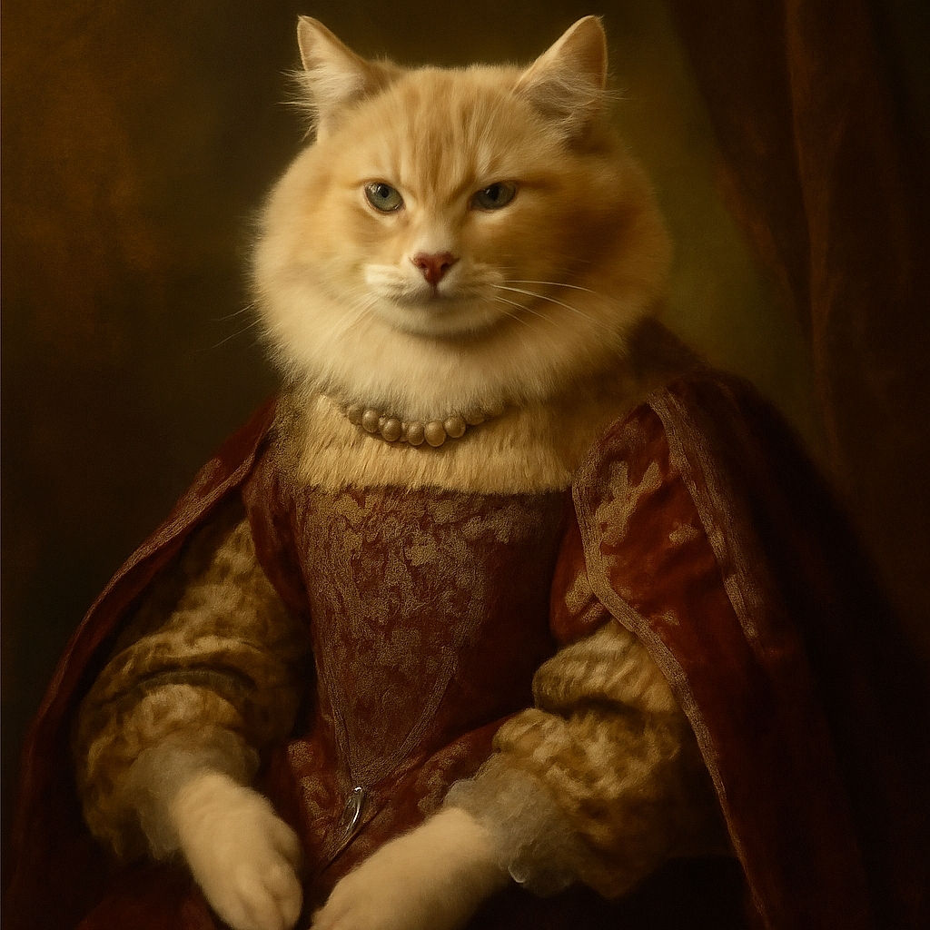 A fluffy cream-colored cat sits majestically on a textured surface outdoors, surrounded by lush greenery and a wooden post, looking slightly unimpressed but regal.