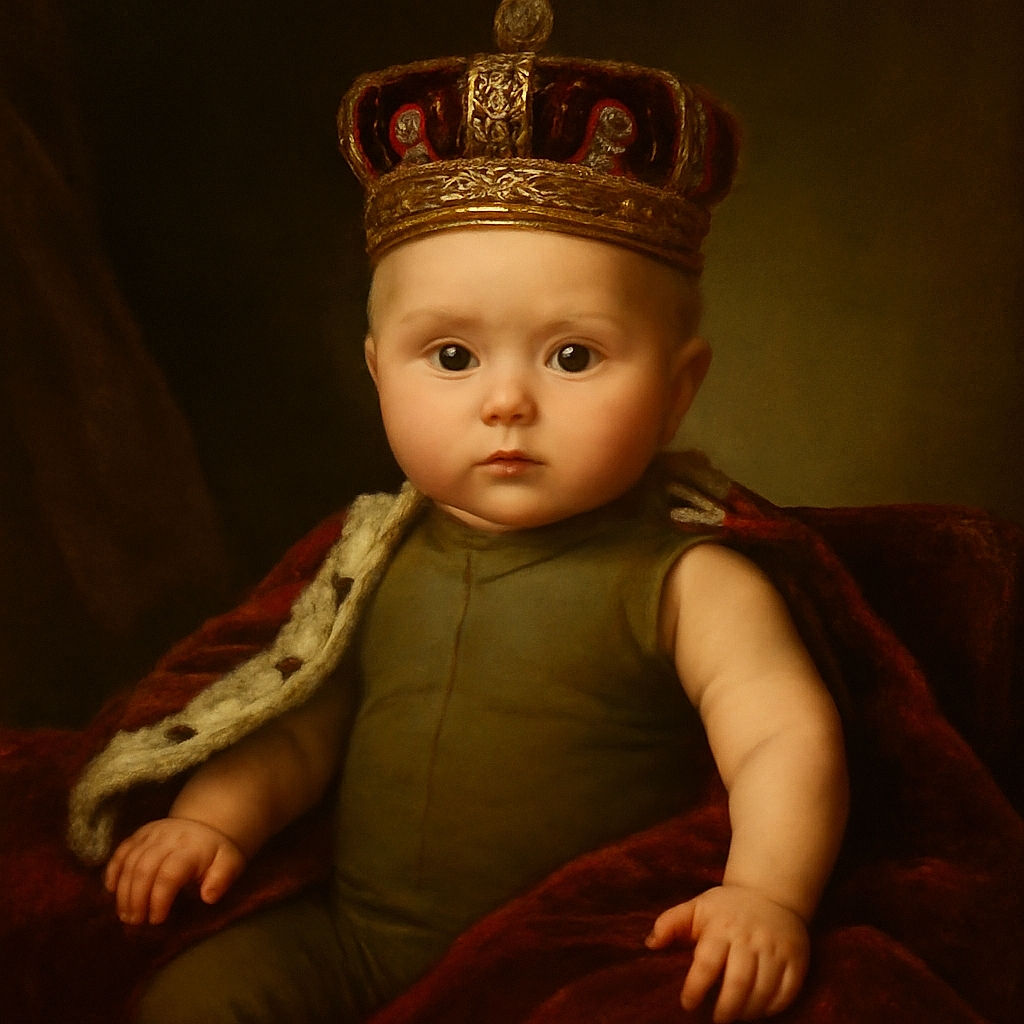 A wide-eyed baby in a gray Nike onesie lounges comfortably on a bed covered with purple and cream blankets, looking curiously at the camera with chubby arms and legs spread out, wearing tiny white socks.