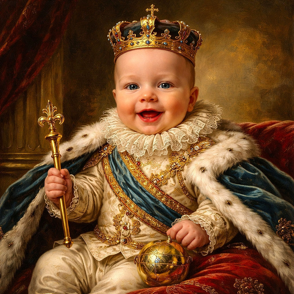 A joyful baby wearing a cute Winnie the Pooh themed outfit is sitting comfortably in a cushioned baby seat with a cloud pattern, flashing a big smile and tiny fists raised in excitement.