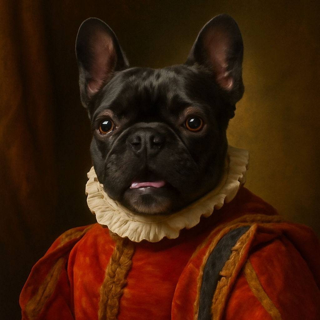 A charming French Bulldog wearing a bright orange harness sits in a car seat, grinning with visible teeth and big, expressive eyes. The dog's ears stand tall, and the background shows the car's interior. The photo has a playful text overlay at the bottom that adds humor about the dog's photo-taking skills.