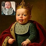 A joyful baby with wide eyes and a big smile lies comfortably on patterned cushions, wearing a cozy green outfit and a soft bib with polka dots, radiating pure happiness and innocence.