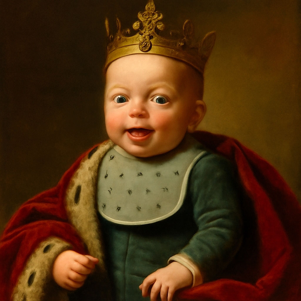 A joyful baby with wide eyes and a big smile lies comfortably on patterned cushions, wearing a cozy green outfit and a soft bib with polka dots, radiating pure happiness and innocence.