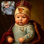 A charming baby wearing a cozy beige hat adorned with a cute reindeer face, lying on a soft green and white patterned blanket, dressed in a light blue onesie decorated with playful dog prints, looking up with a gentle smile that could melt hearts.