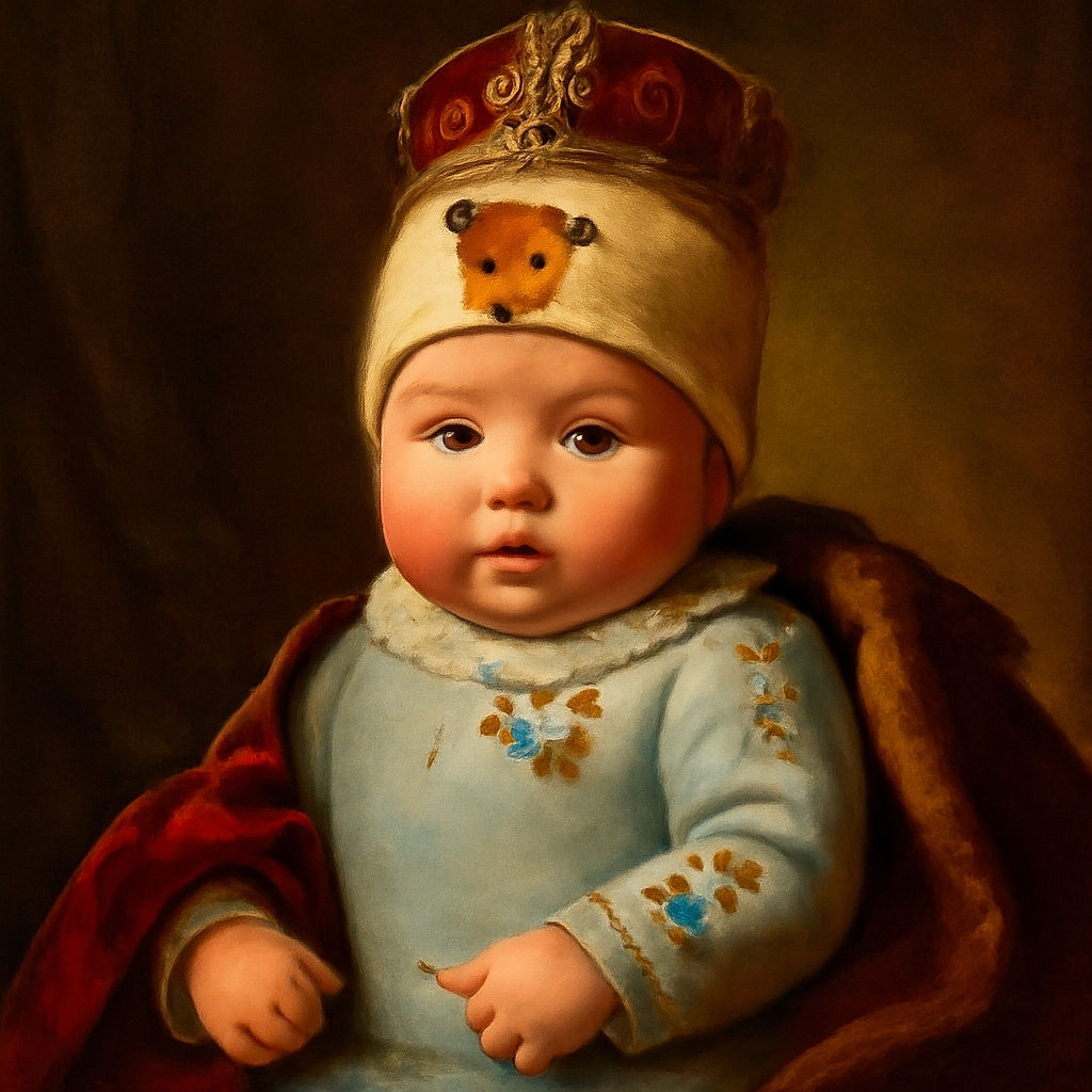 A charming baby wearing a cozy beige hat adorned with a cute reindeer face, lying on a soft green and white patterned blanket, dressed in a light blue onesie decorated with playful dog prints, looking up with a gentle smile that could melt hearts.