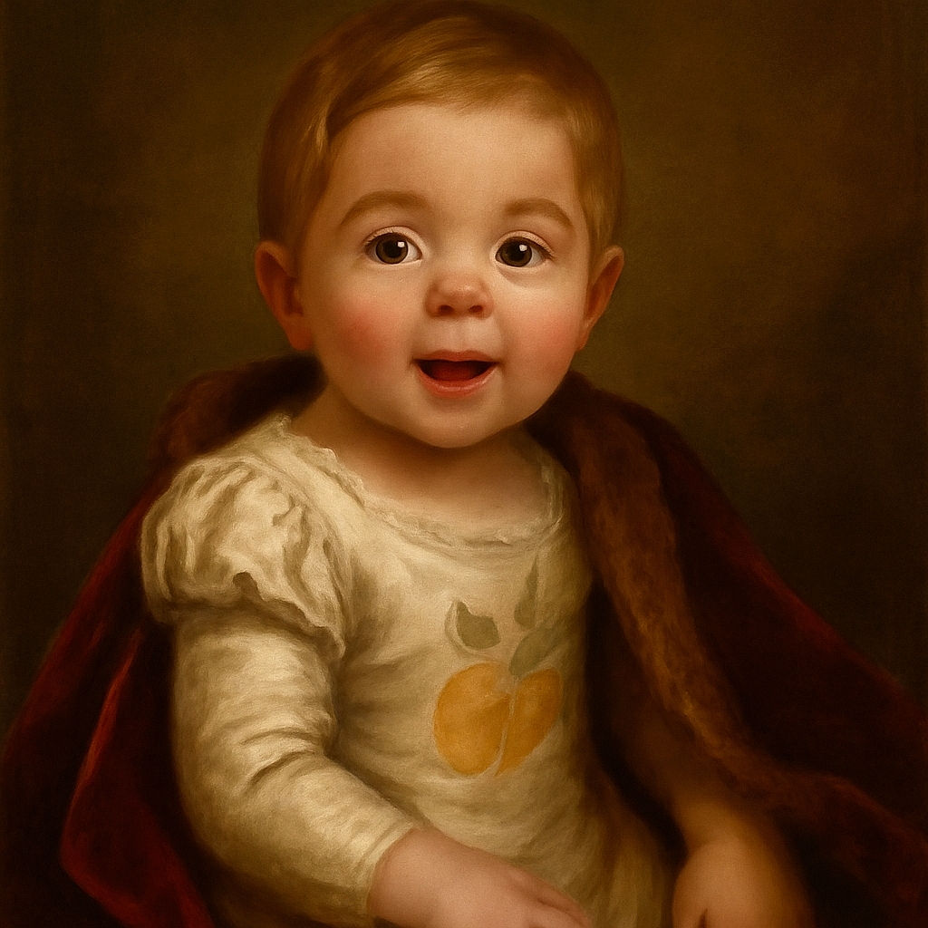 A cute baby sitting on a fluffy rug in front of a gray couch, with a surprised and joyful expression, wearing a white shirt with lemon prints. The lighting captures the innocence and charm perfectly.