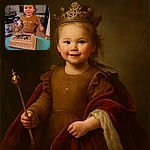 A joyful toddler with a slightly messy face stands behind a delicious-looking chocolate cake on a blue table, surrounded by a cozy living room filled with toys and a fireplace in the background, capturing a warm and candid birthday moment.