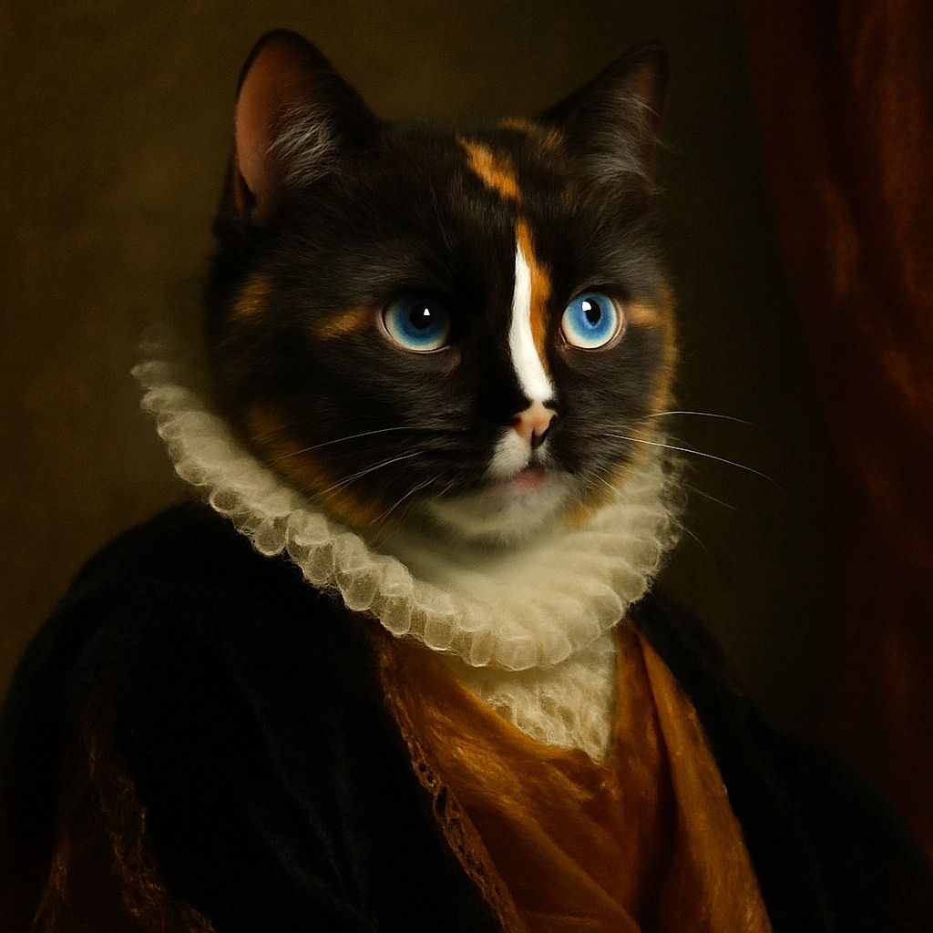 A close-up shot of a cat with stunningly bright blue eyes and a unique tortoiseshell coat pattern, sitting comfortably on a soft surface with a textured background. The photo captures the cat's curious and alert expression with fine detail on its whiskers and fur.