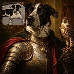 A charming black and white dog lounges comfortably on a gray bedspread, looking attentively towards the camera. The cozy bedroom setting includes a pillow, nightstand with a candle, and some personal items, creating a warm and homely atmosphere.