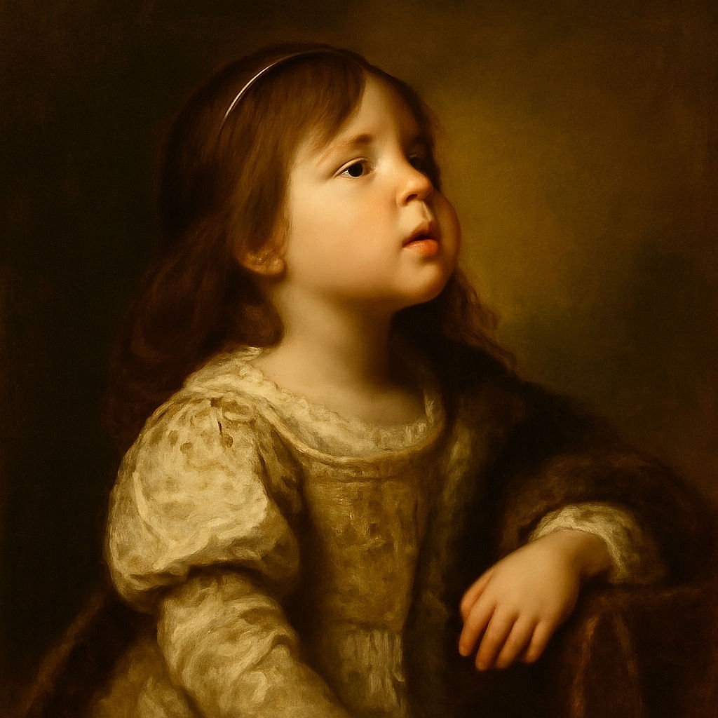 A curious toddler with tousled hair and a navy blue shirt gazes upwards, bathed in soft natural light that highlights the gentle texture of their hair and delicate facial features, sitting on a wooden floor with a green mat in the background.