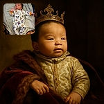 A cozy baby dressed in a Halloween-themed onesie featuring classic cartoon characters lies comfortably on a striped blanket, surrounded by festive pumpkin-patterned fabric, creating a warm and adorable seasonal vibe.