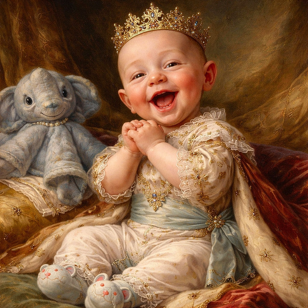 An overjoyed baby is front and center, laughing like a tiny stand‑up comedian on a bright playmat while two beaming adults peek in from the top‑right; plush elephant, colorful toys and cozy quilts complete this delightfully cheerful family scene that looks hand‑painted with love.