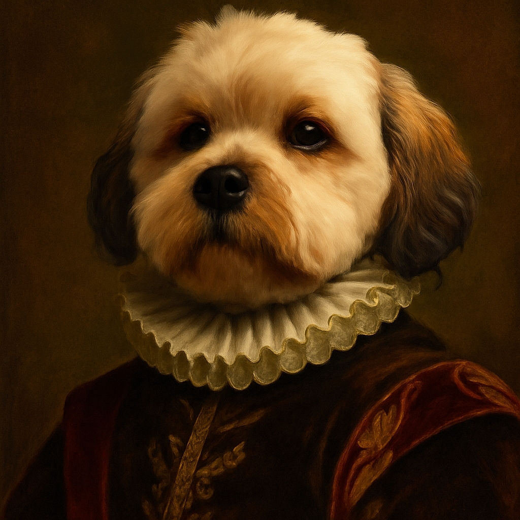 A close-up, adorable fluffy dog with soulful eyes and a slightly tousled fur coat lounges comfortably on a couch, looking curiously at the camera with a cozy home background.