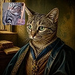 A handsome tabby cat sits like a tiny office supervisor, staring intensely into the distance while a sunglasses-wearing cartoon buddy shares a drink and announces that it is Saturday. The cat clearly has weekend plans and they involve judging everyone from a blanket throne.
