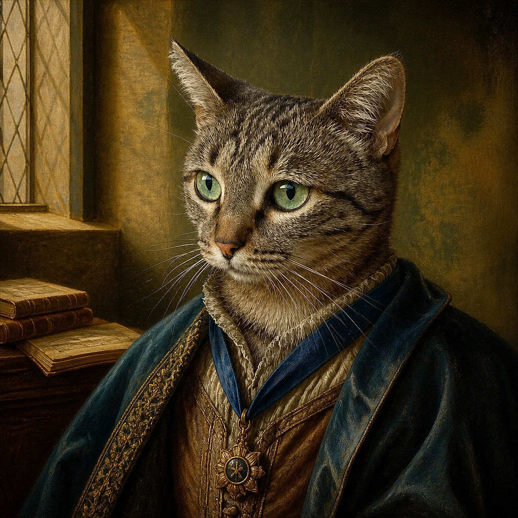 A handsome tabby cat sits like a tiny office supervisor, staring intensely into the distance while a sunglasses-wearing cartoon buddy shares a drink and announces that it is Saturday. The cat clearly has weekend plans and they involve judging everyone from a blanket throne.