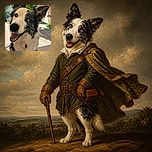 A cheerful black-and-white dog is sitting proudly for the camera, flashing a huge goofy grin while one blue eye and one darker eye give it serious superhero energy. Sunlit plants, mountain scenery, pebbled landscaping, and a patterned curtain make the backyard look like the pup's personal outdoor studio.