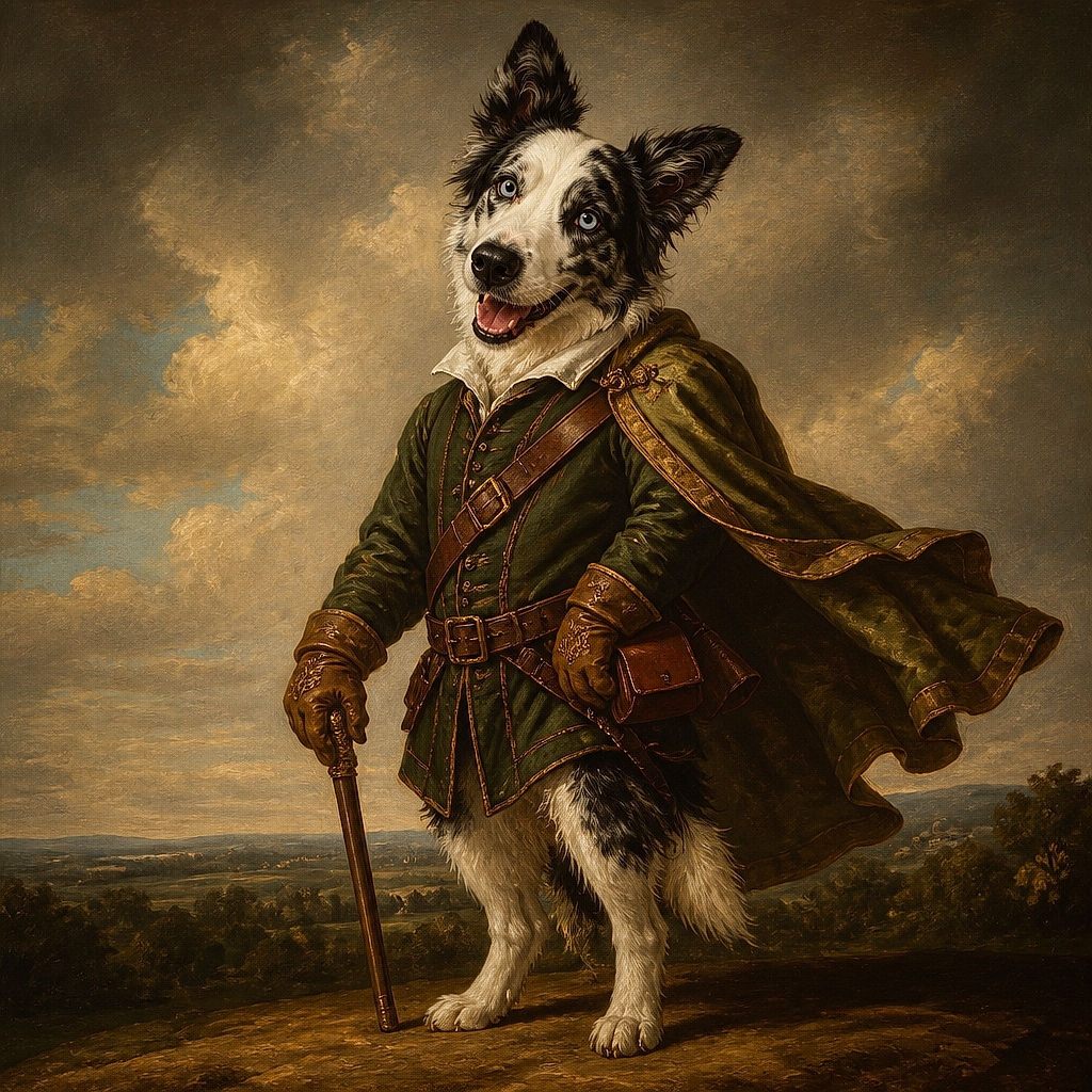 A cheerful black-and-white dog is sitting proudly for the camera, flashing a huge goofy grin while one blue eye and one darker eye give it serious superhero energy. Sunlit plants, mountain scenery, pebbled landscaping, and a patterned curtain make the backyard look like the pup's personal outdoor studio.