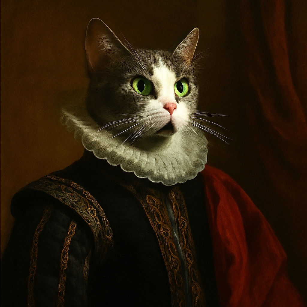 A curious tuxedo cat with striking green eyes sits on a sunny windowsill, gazing upwards as the warm light highlights its fur. The background reveals a quaint view of red-tiled rooftops and a yellow building, creating a cozy and peaceful atmosphere.