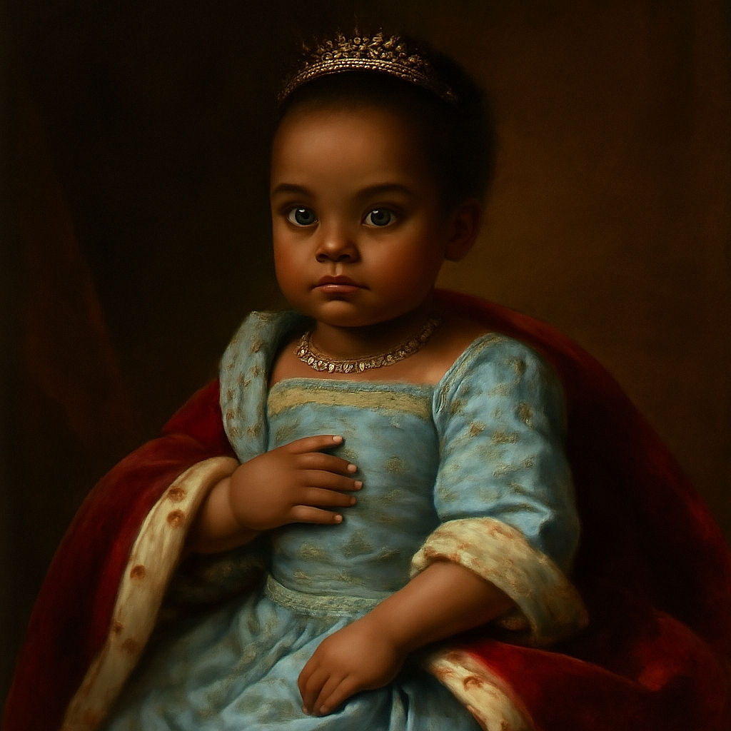 A cute baby with big curious eyes sits comfortably in a colorful cushioned baby chair, sporting a bib with a funny duck cartoon. The vibrant patterned rug beneath adds a cozy and lively atmosphere, while the baby’s tiny toes and slightly pursed lips make for an adorable and heartwarming scene.