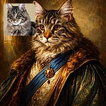 A majestic Maine Coon cat with fluffy fur and tufted ears poses regally against a plain beige background, looking contemplative and slightly mysterious.