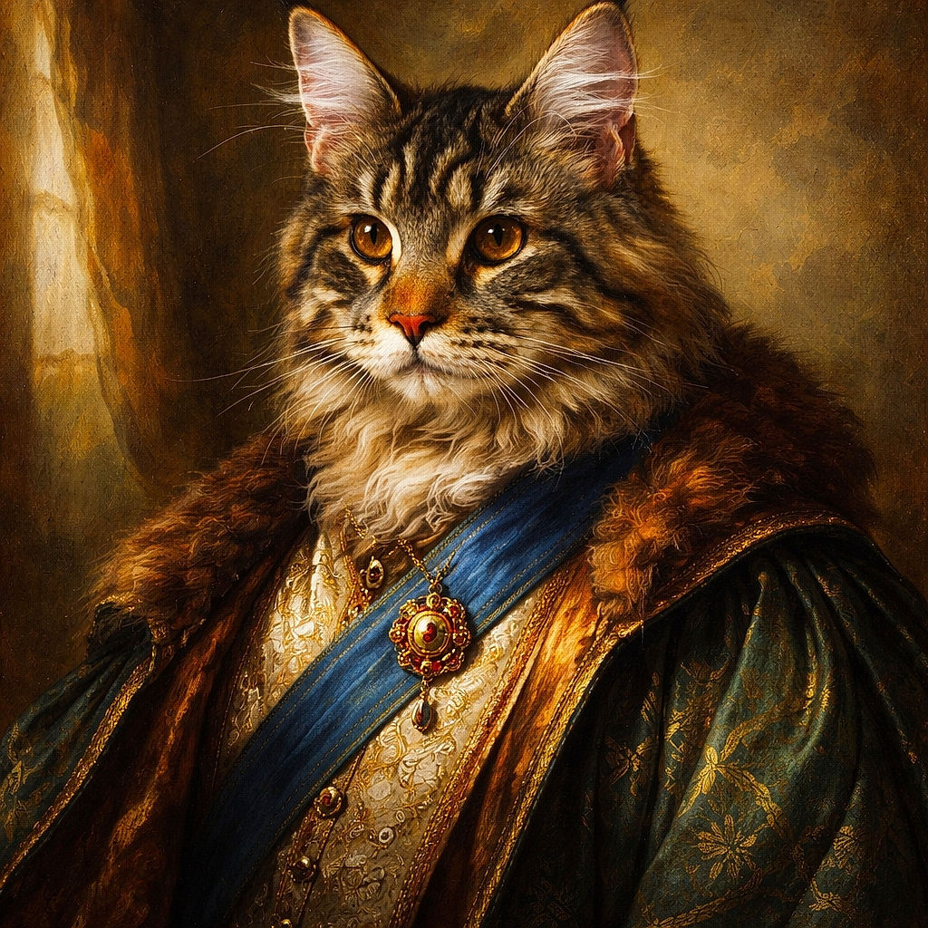 A majestic Maine Coon cat with fluffy fur and tufted ears poses regally against a plain beige background, looking contemplative and slightly mysterious.