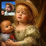 A young child with closed eyes, wearing a straw hat and a light green shirt, holds a doll under a bright blue sky. The child looks peaceful, possibly enjoying the warmth of the sun, while the doll gazes curiously to the side.