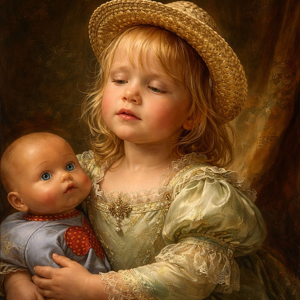 A young child with closed eyes, wearing a straw hat and a light green shirt, holds a doll under a bright blue sky. The child looks peaceful, possibly enjoying the warmth of the sun, while the doll gazes curiously to the side.