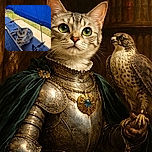 A curious tabby cat lounges on a wooden bench under a bright blue tarp, its wide eyes locked on the camera as if plotting its next adventure. The sunny backyard and taut ropes add a splash of outdoor charm to this cozy feline scene.