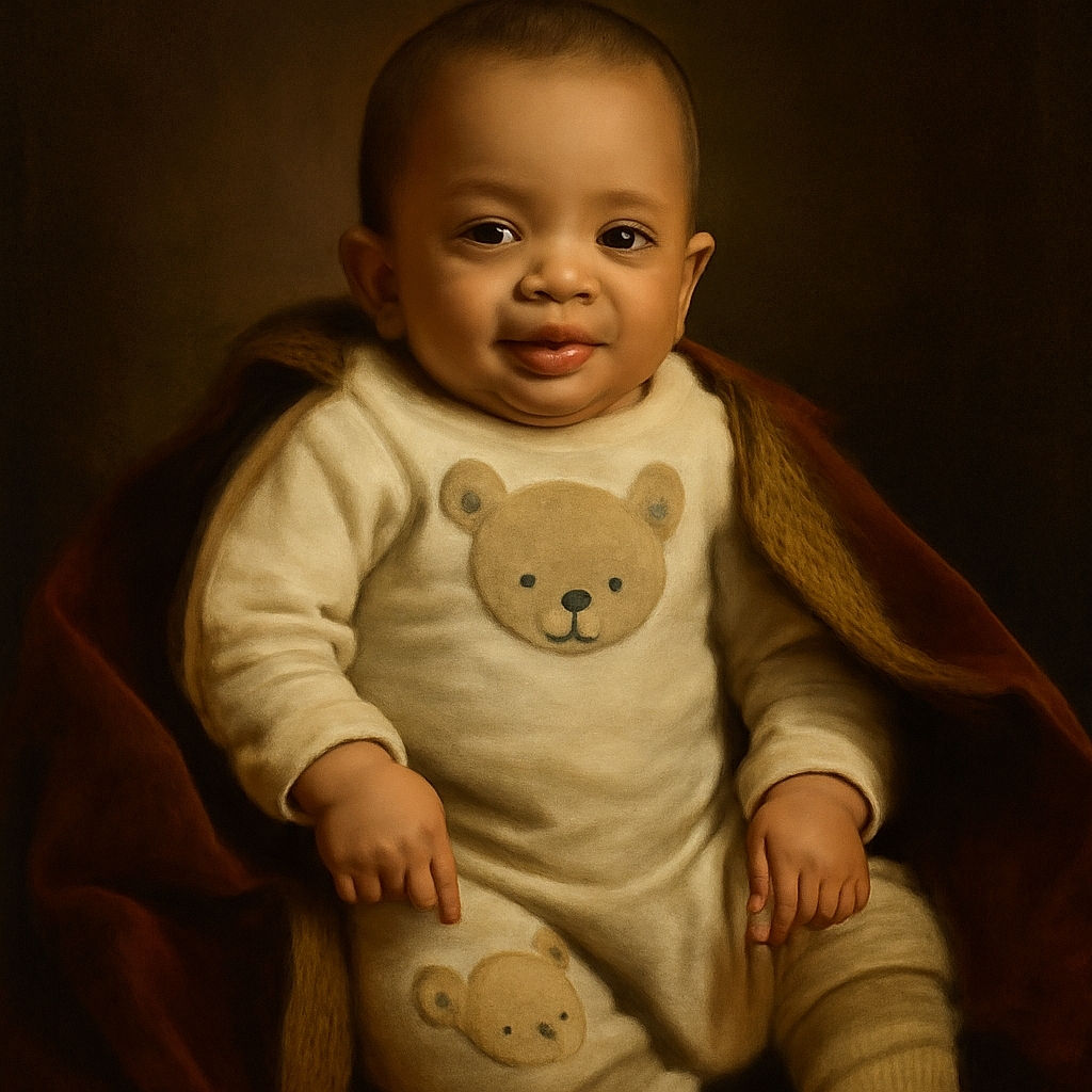 A cozy baby lounging comfortably on a soft, plush blanket, dressed adorably in matching bear-themed pajamas and socks, flashing a gentle smile that could melt hearts everywhere.