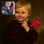 A cheerful toddler with sparkling blue eyes and blonde hair is sitting in a stroller, holding a vibrant pink rose close to their face with a playful smile, capturing a candid moment of innocent joy.